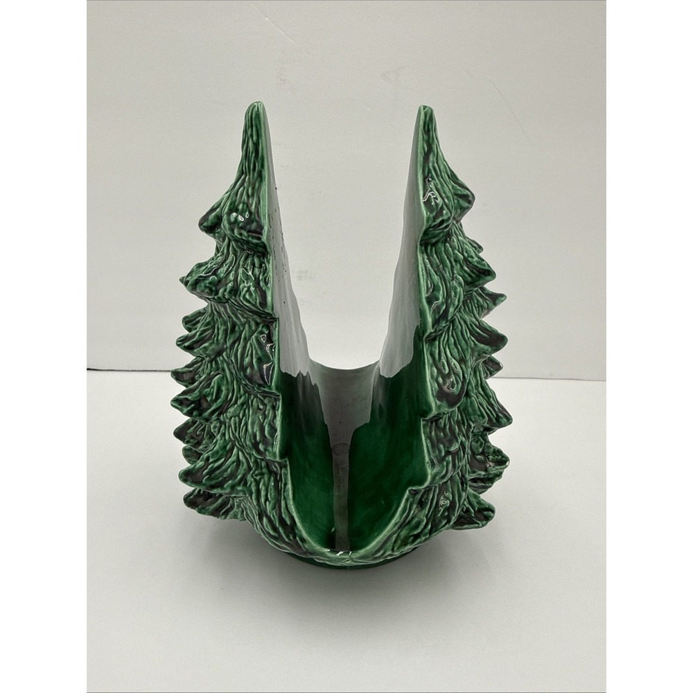 Vtg Ceramic Christmas Tree Napkin Card Holder Green 3D Holiday Table Decor